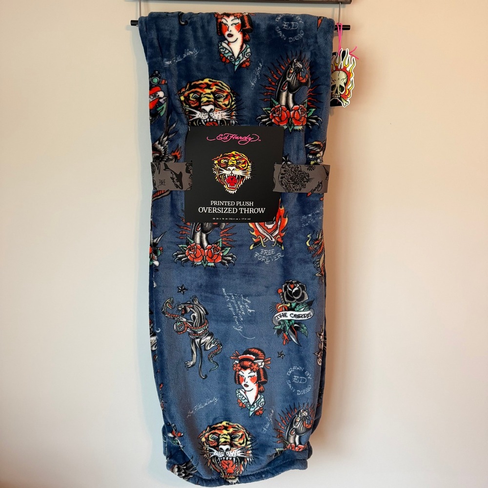 New Ed Hardy Blue Throw Blanket 60x70 Tiger Panther Black Rose Y2K Logo